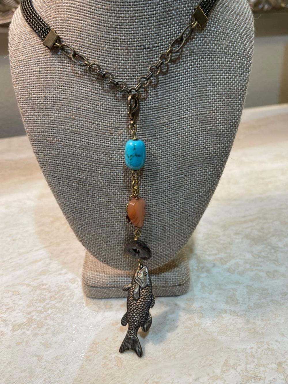 VTG Jan Michaels San Francisco Fish Pendant Necklace Turquoise Coral Brass